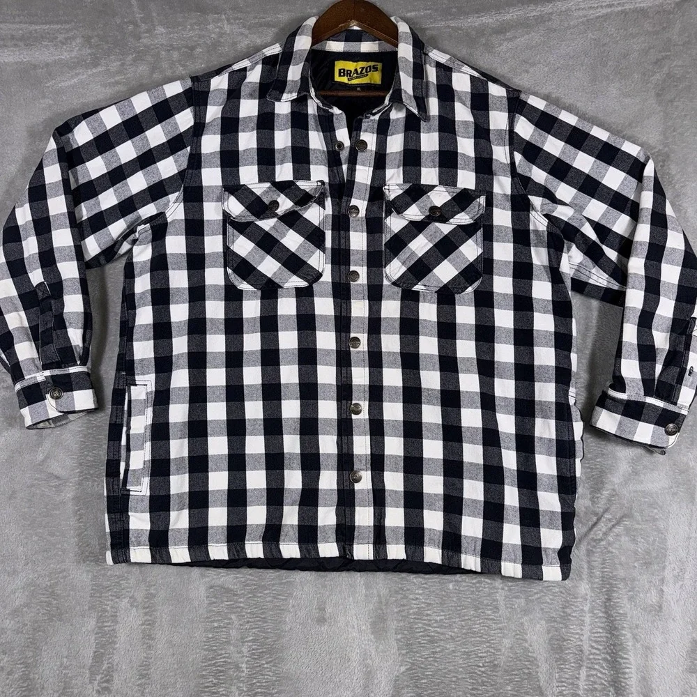 Brazos Work Force Men's Black/white Plaid Flannel Jacket Shirt XL Quilted Lined